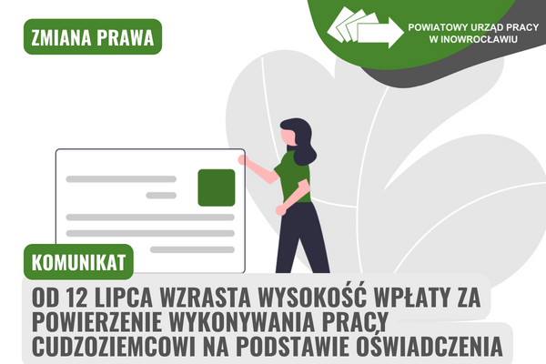 Obrazek. KOMUNIKAT: Od 12 lipca wzrasta wysokość wpłaty za powierzenie wykonywania pracy cudzoziemcowi na podstawie oświadczenia