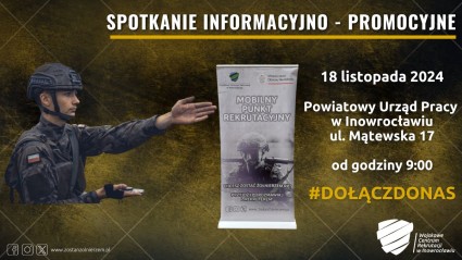 Zdjęcie artykułu Serdecznie zapraszamy w najbliższy poniedziałek (tj. 18.11.2024) od godziny 9:00 na spotkanie z Wojskowym Centrum Rekrutacji.
